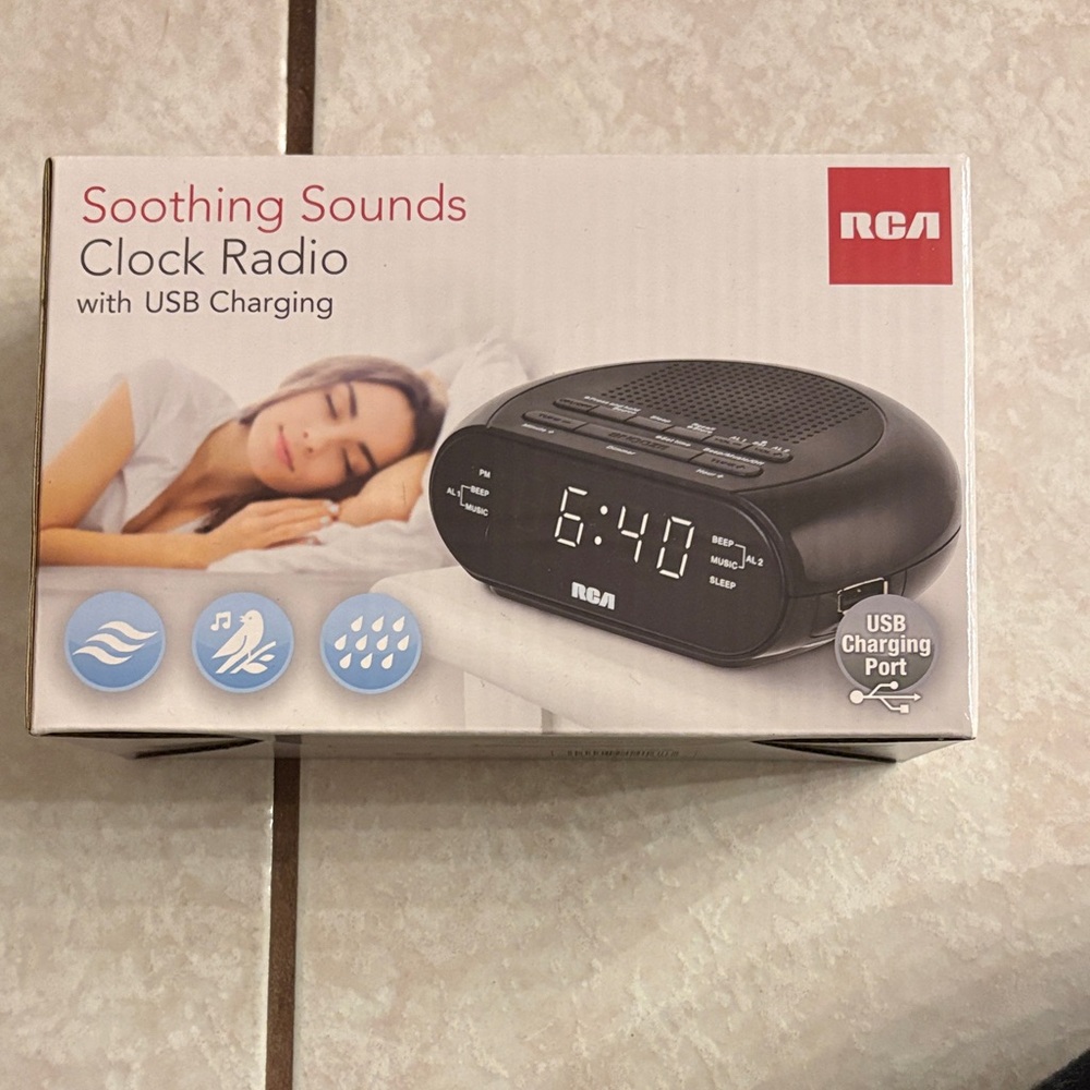 RCA Black Soothing Sounds Clock Radio with USB Charging
